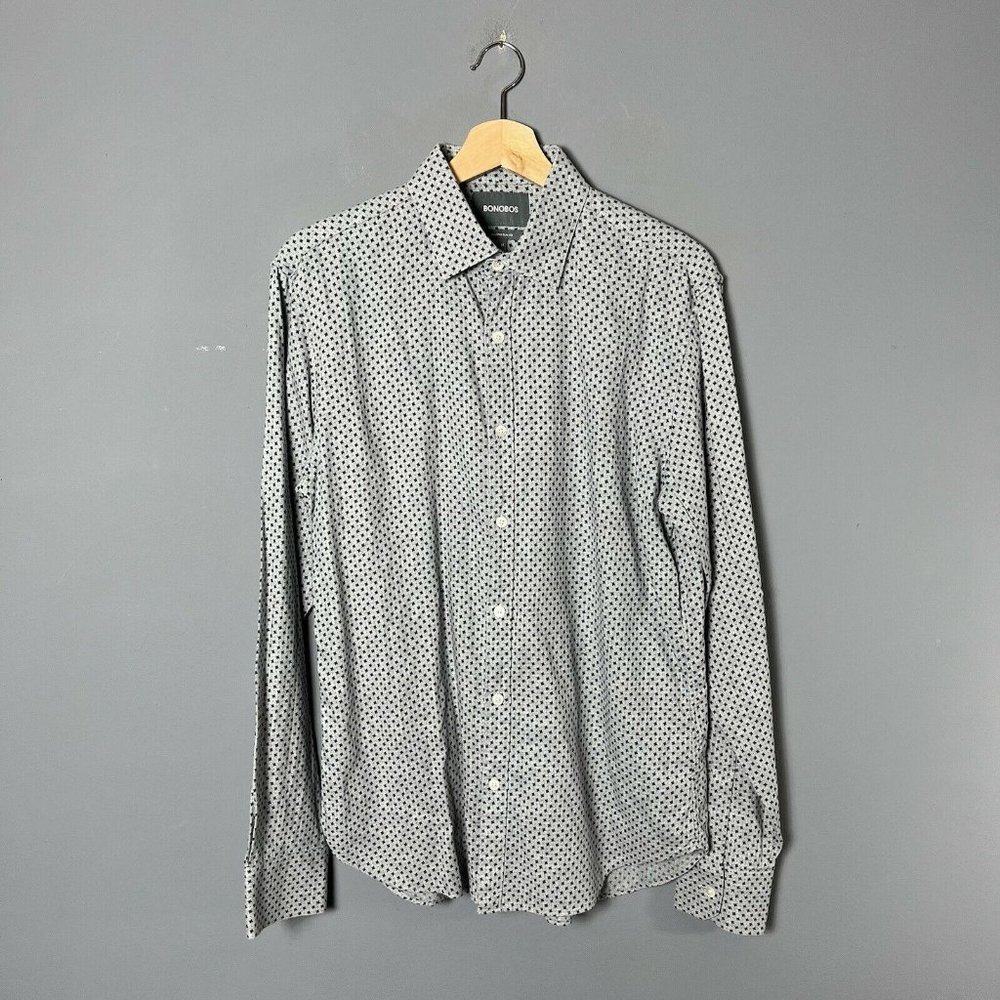 BONOBOS Mens M Long Sleeve Button Front Tailored Slim Fit Shirt Gray Blue Print